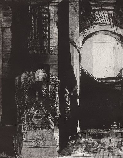 Ve her yerde bazalt sütunlar var mı? Kasalardan ışık düşüyor, Blatt 3 der Folge La Tentation de Saint-Antoine. 1896 by Odilon Redon