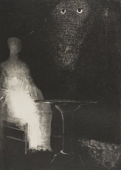 Sandalyeye Bakmaya Devam Ettim ve Üzerinde Bir İnsan Figürünün Soluk Mavi Buğulu Bir Anahattını Gördüğümü Hayal Ettim, plaka 1/6 by Odilon Redon