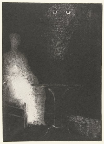 Bir insan figürünün belirsiz şekillerine yukarıdan bakıyorum. by Odilon Redon