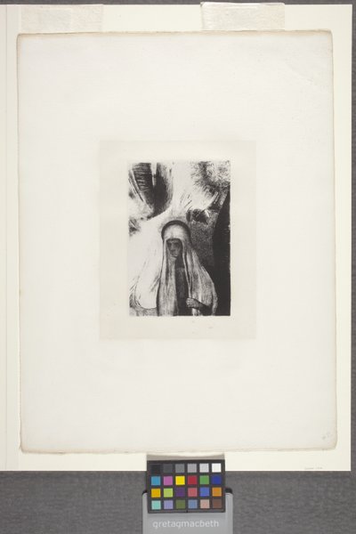 Yaşlı Kadın: "Neden korkuyorsun?" (çine aplikeli kağıt üzerine litografi) by Odilon Redon