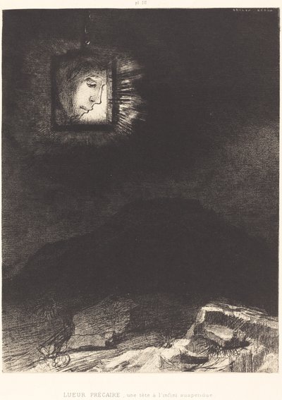 Güvencesiz parıltı, asılmış bir kafa by Odilon Redon