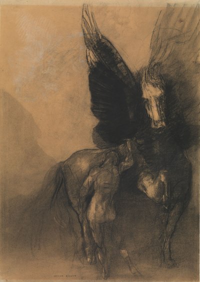 Pegasus ve Bellerophon, c.1888 (Kömür, suyla yıkama, beyaz tebeşir ve devetüyü kağıt bleuté üzerine konte pastel boya) by Odilon Redon