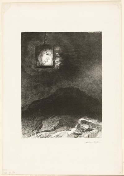 Güvencesiz Parıltı, Sonsuzluktan Asılan Bir Kafa, plaka 3/6 by Odilon Redon