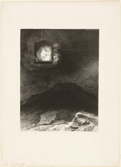 Güvencesiz Parıltı, Sonsuzluktan Asılan Bir Kafa, plaka 3/6 by Odilon Redon