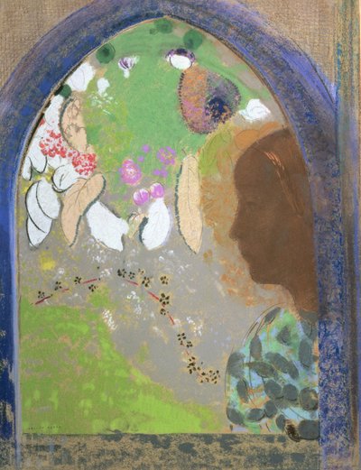 Penceredeki Bir Kadının Profili, c.1912 (kartta pastel) by Odilon Redon