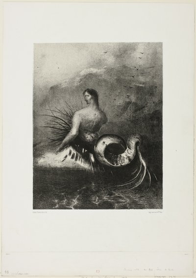 Siren Dalgalardan Çıkıyor, Alevler İçinde Giyinmiş, "Les Origines"den 4/8 plaka by Odilon Redon