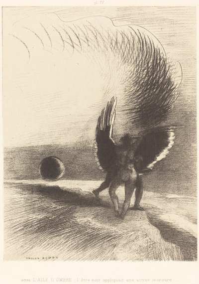 Gölge kanadının altında siyah yaratık enerjik bir şekilde ısırıyordu. by Odilon Redon