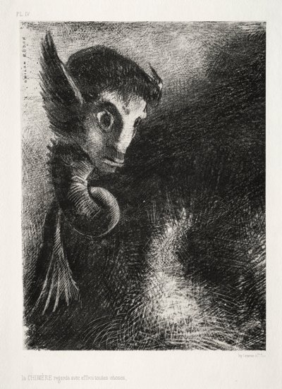 Gece: Chimera Her Şeye Korkuyla Baktı, 1886. by Odilon Redon