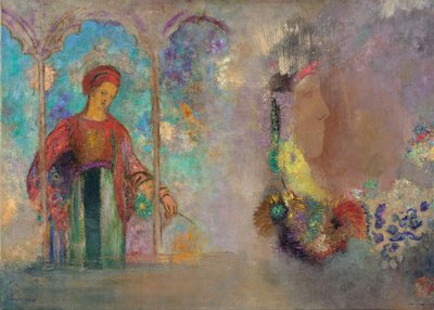 Gotik bir atari salonundaki kadın - Çiçekli kadın - Peinture de Odilon Redon(1840-1916) by Odilon Redon