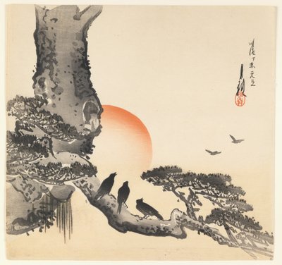 Ağaç Gövdesindeki Kargalar, Meiji Dönemi, c.1890-1910 (renkli tahta baskı) by Ogata Gekko