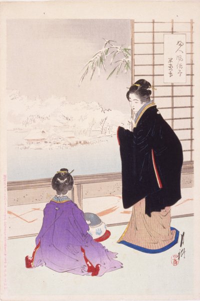 Snow And A Quiet House (Kanka No Yuki) (renkli tahta baskı) by Ogata Gekko