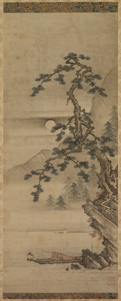 Teknede Yaşlı Adam ile Çam Ağacının Mehtaplı Manzarası, Muromachi dönemi, 1392-1573. by Oguri Sotan
