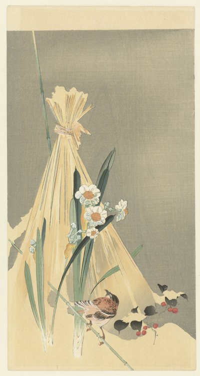 ötücü kuş saman paketinde by Ohara Koson (attributed to)