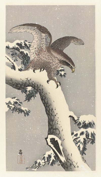 Karlı çam ağacı üzerinde kartal by Ohara Koson