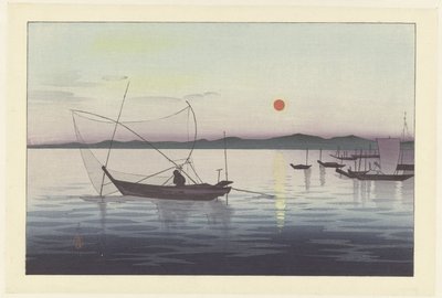 Tekneler ve batan güneş. by Ohara Koson