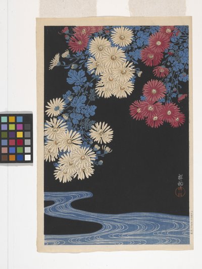 Krizantemler ve Dere (renkli tahta baskı) by Ohara Koson