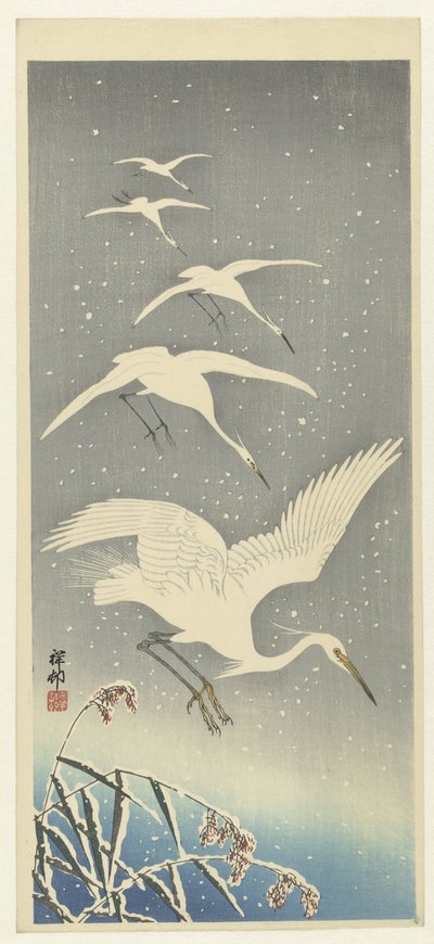 Karda alçalan balıkçıllar by Ohara Koson