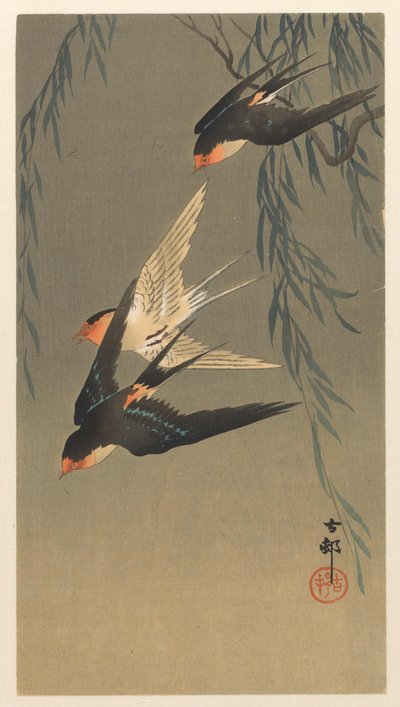 Bir dalışta üç kırmızı sırtlı kırlangıç by Ohara Koson