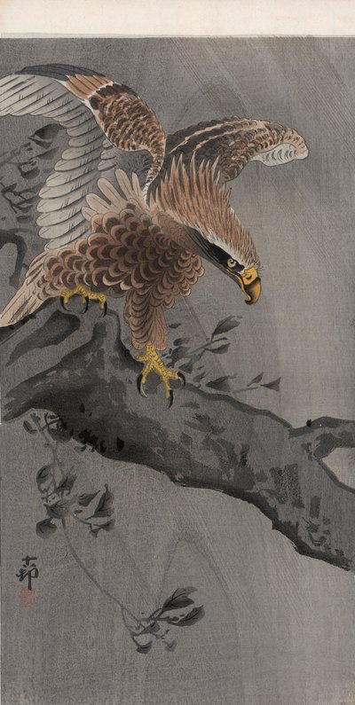 Ağaç Gövdesinde Kanatlı Kartal (renkli tahta baskı) by Ohara Koson