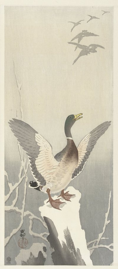 Karlı ağaç kütüğü üzerinde ördek by Ohara Koson