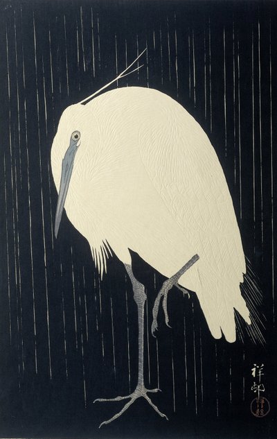 Yağmurda ak balıkçıl, 1925-36 (renkli gravür) by Ohara Koson