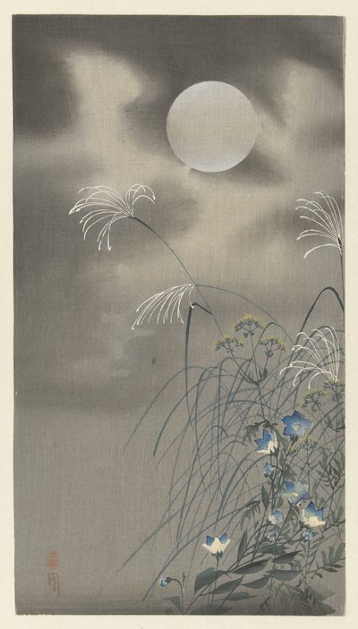 Dolunayda çimenler ve çiçekler by Ohara Koson