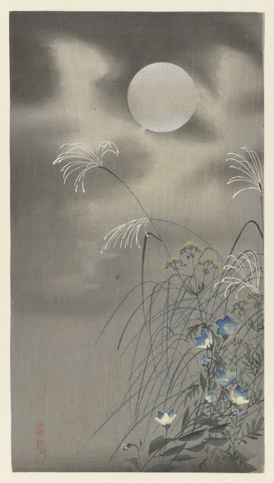 Dolunayda otlar ve çiçekler by Ohara Koson