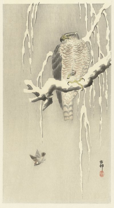 Esir ot serçesi olan şahin. by Ohara Koson