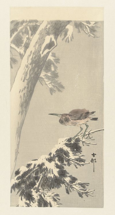 Karlı ağaç dalı üzerinde Hint gece balıkçılı by Ohara Koson