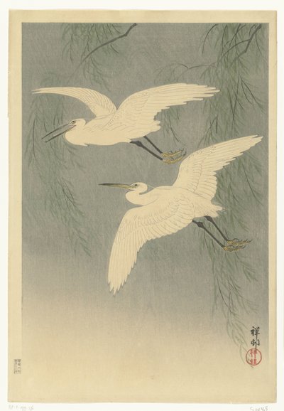 Küçük ak balıkçıllar uçuşta by Ohara Koson
