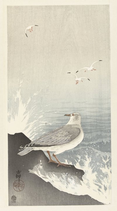 kayanın üzerinde martı by Ohara Koson