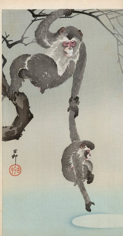 Maymun ve bebek ayın yansımasına uzanıyor by Ohara Koson