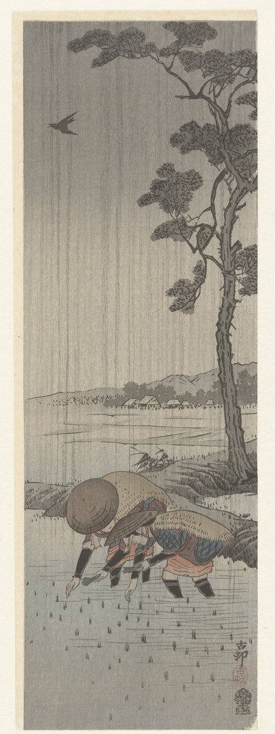 Yağmurda pirinç yetiştiricileri by Ohara Koson