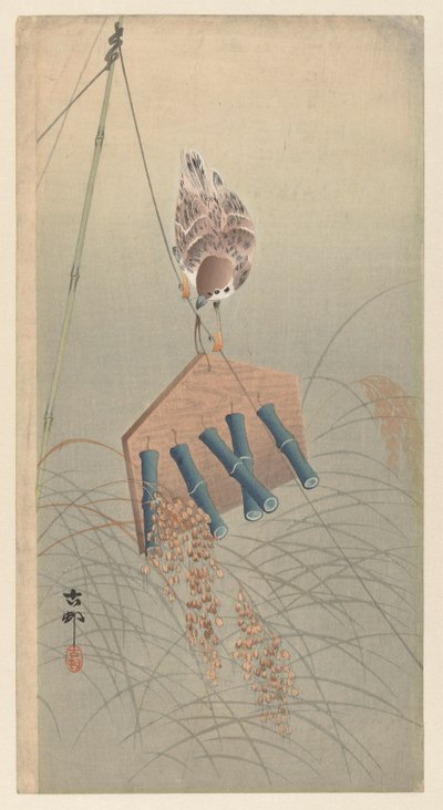 Korkuluk üzerinde halka serçe by Ohara Koson
