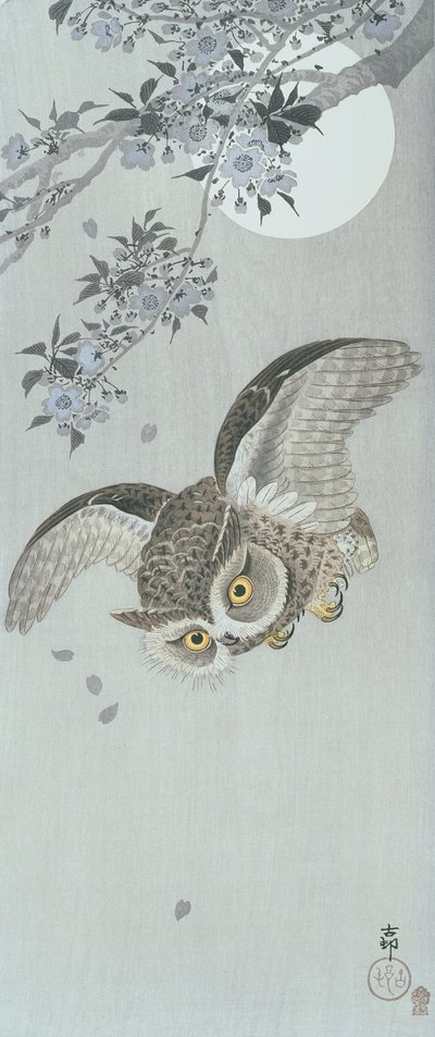 Çiçek ve dolunay ile uçuşta kepçe baykuş (renkli tahta baskı) by Ohara Koson