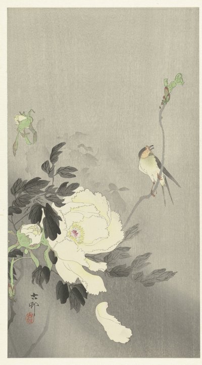Şakayık ile yutmak by Ohara Koson