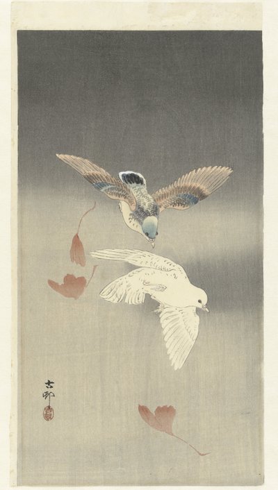 Düşen ginkgo yaprakları ile iki güvercin by Ohara Koson