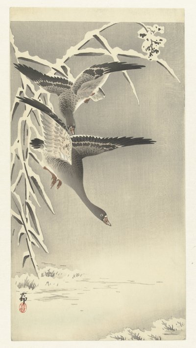 Karlı bir manzarada iki beyaz önlü kaz by Ohara Koson