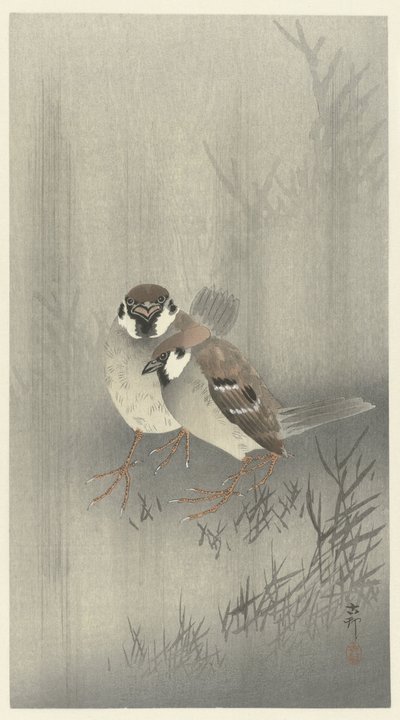 Yağmurda iki halka serçe by Ohara Koson