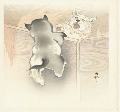 iki oynayan köpek by Ohara Koson