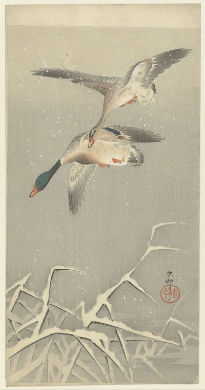 Uçuşta iki yaban ördeği by Ohara Koson