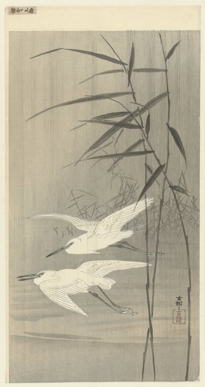 Uçuşta iki ak balıkçıl by Ohara Koson