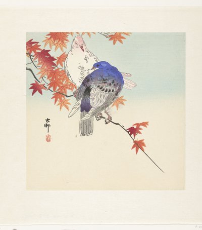 Sonbahar yaprakları ile bir dalda iki güvercin by Ohara Koson