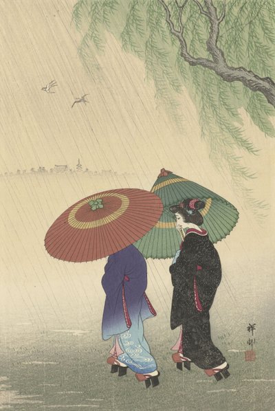 Yağmurda iki kadın, 1925-36 (renkli gravür) by Ohara Koson