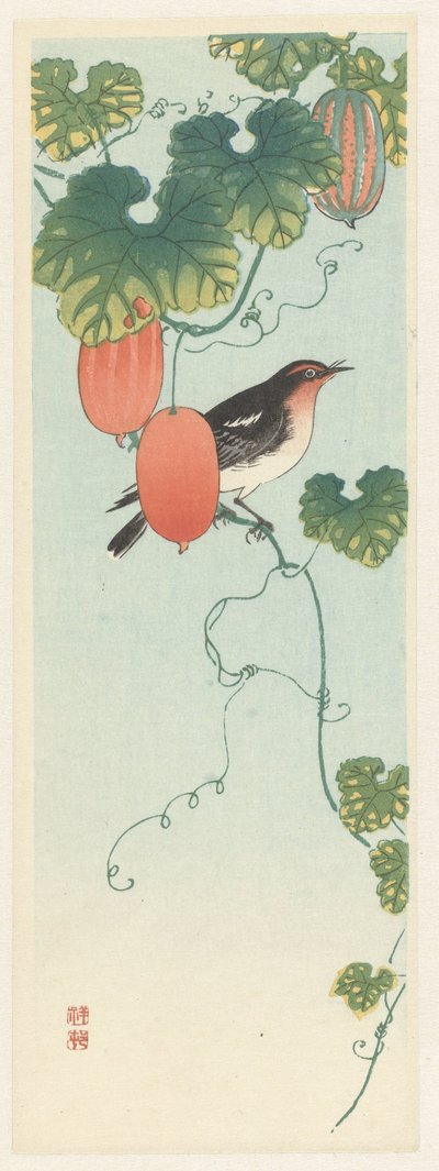 Salatalık bitkisinde ötücü kuş by Ohara Koson