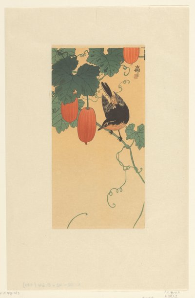 Kırmızı meyveler ile bitki üzerinde ötücü kuş by Ohara Koson