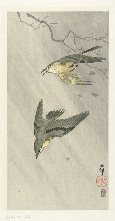 yağmurda ötücü kuşlar by Ohara Koson