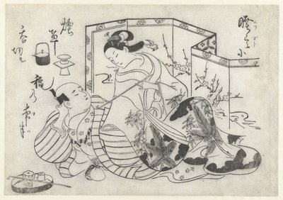Katlanır paravan önünde sigara içen Japon erkek ve kadın by Okumura Masanobu (attributed to)