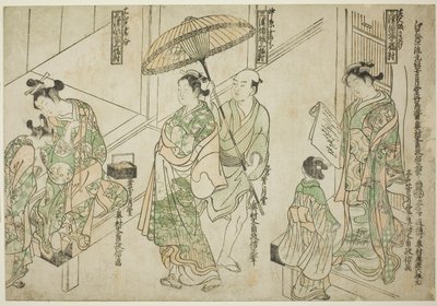 Osaka stilinde (sağda), Kyoto stilinde (ortada) ve Edo stilinde (solda), "Üç Başkentin Nezaketleri: Üçlü Bir Set (Sanga no tsu keisei sanpukutsui)"den çizilmiş fahişeler by Okumura Masanobu