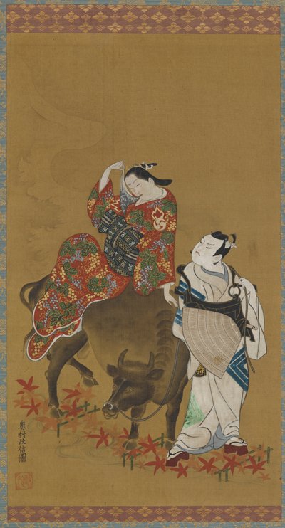 Bir manda üzerinde bir fahişe ve seyahat eden bir rahip rollerinde iki kabuki oyuncusu, 1686-1764. by Okumura Masanobu